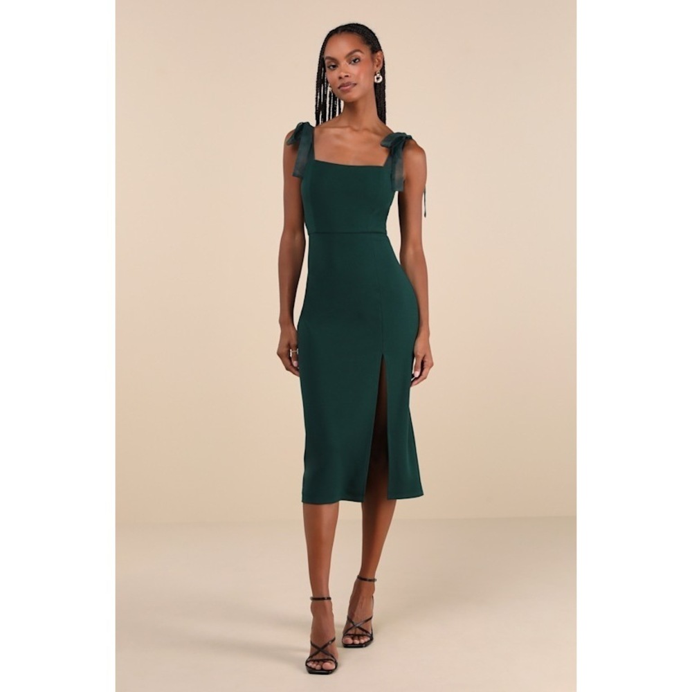 Lulus Romantic Celebration Emerald Green Tie-strap Bodycon Midi Dress - Size M
